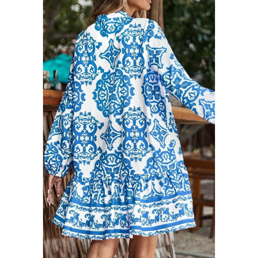 Ruffled Printed Notched Long Sleeve Dress Apparel and Accessories