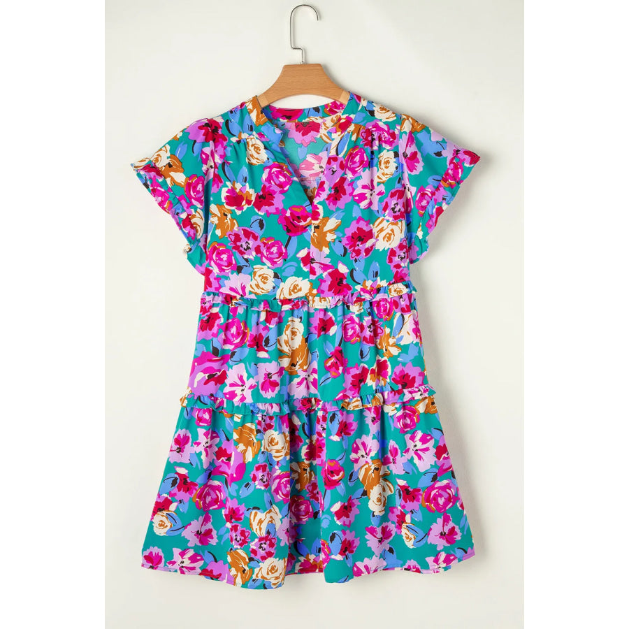 Ruffled Printed Notched Short Sleeve Mini Dress Turquoise / S Apparel and Accessories