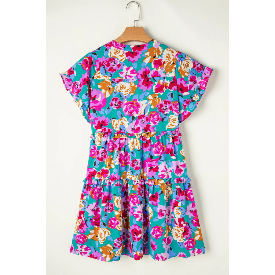 Ruffled Printed Notched Short Sleeve Mini Dress Apparel and Accessories