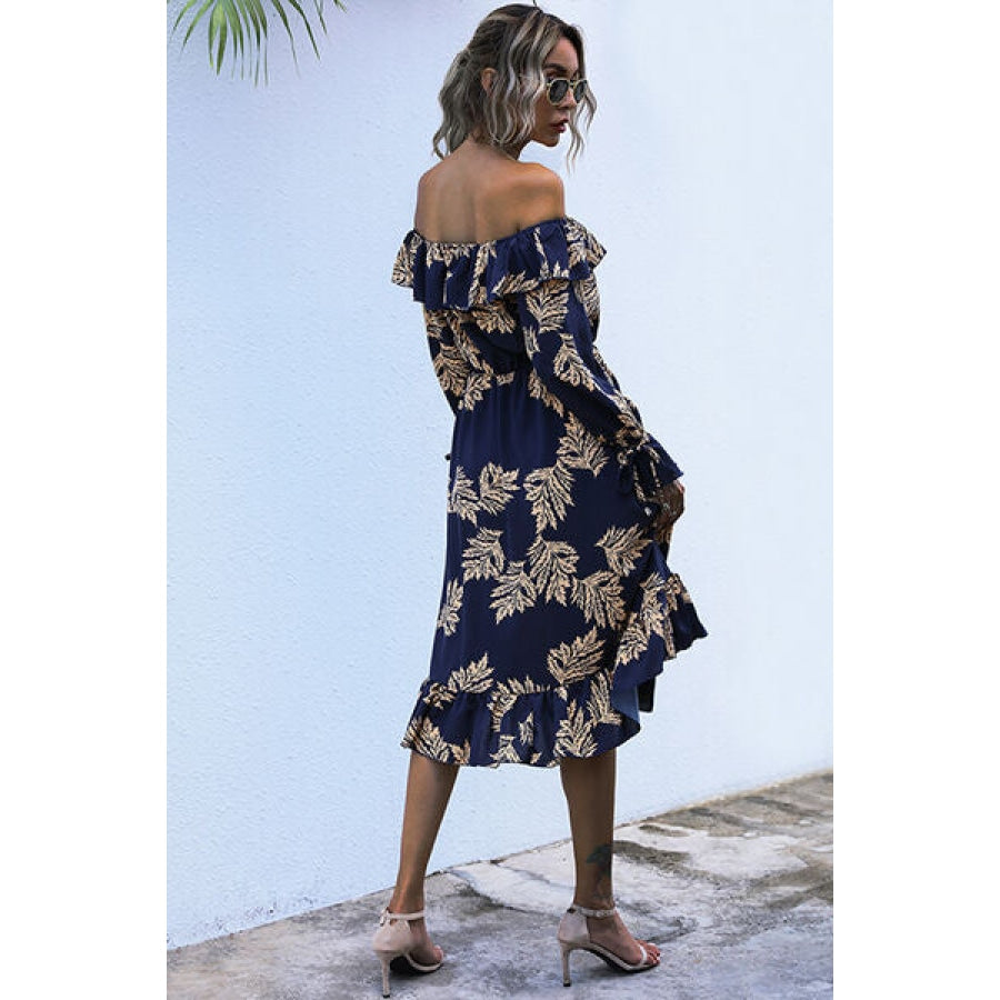 Ruffled Printed Off-Shoulder Midi Dress Navy / S Clothing