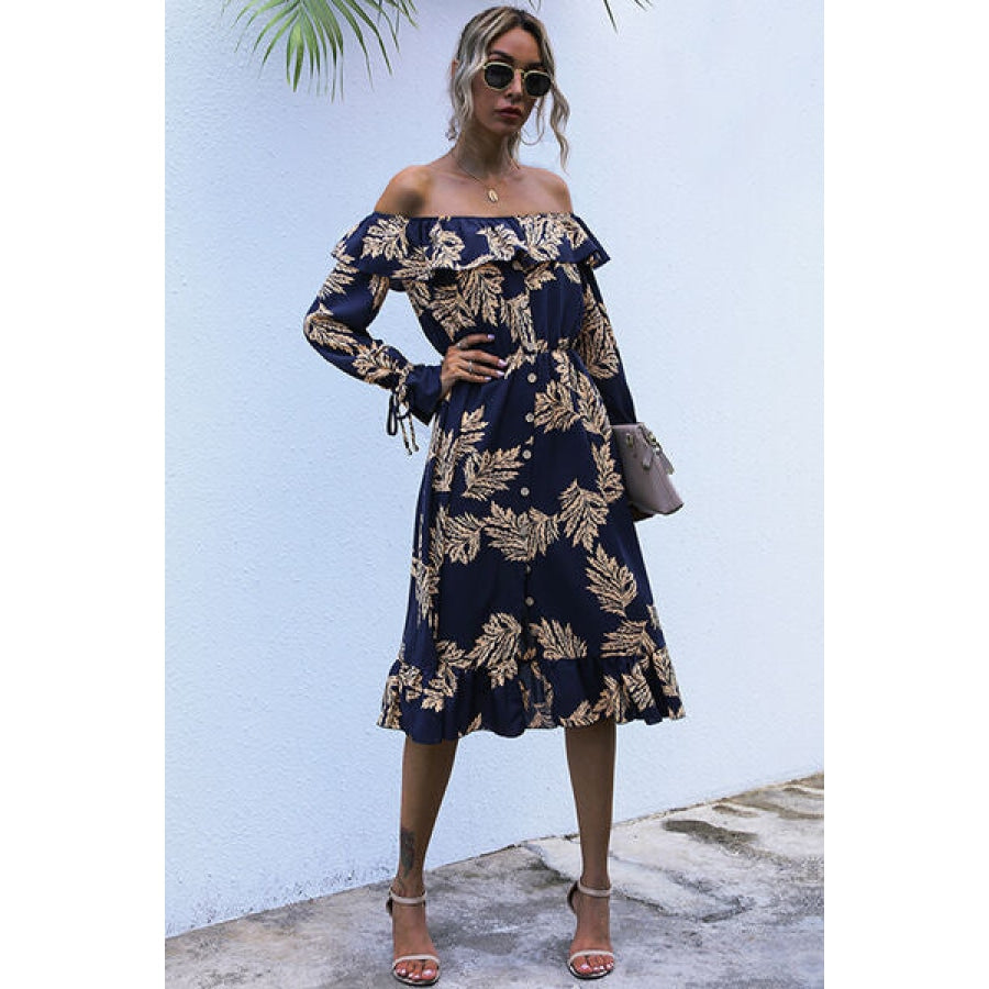 Ruffled Printed Off-Shoulder Midi Dress Navy / S Clothing