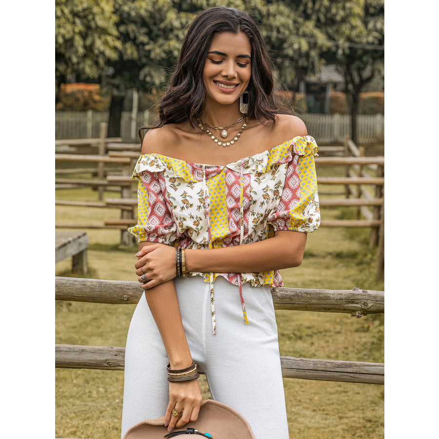 Ruffled Printed Off-Shoulder Short Sleeve Blouse Apparel and Accessories