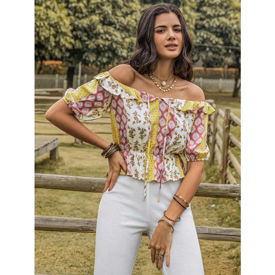 Ruffled Printed Off-Shoulder Short Sleeve Blouse Apparel and Accessories