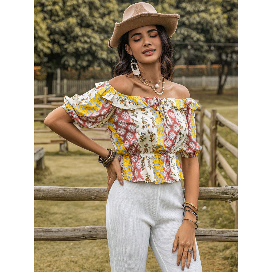 Ruffled Printed Off-Shoulder Short Sleeve Blouse Apparel and Accessories