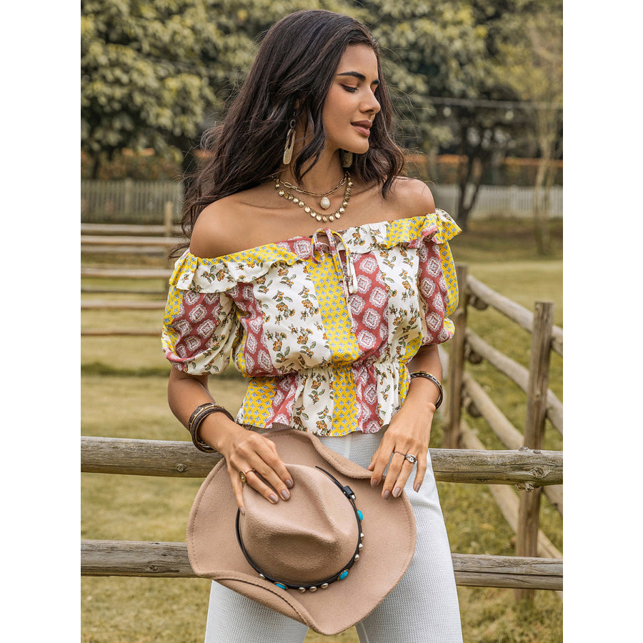 Ruffled Printed Off-Shoulder Short Sleeve Blouse Multicolor / S Apparel and Accessories