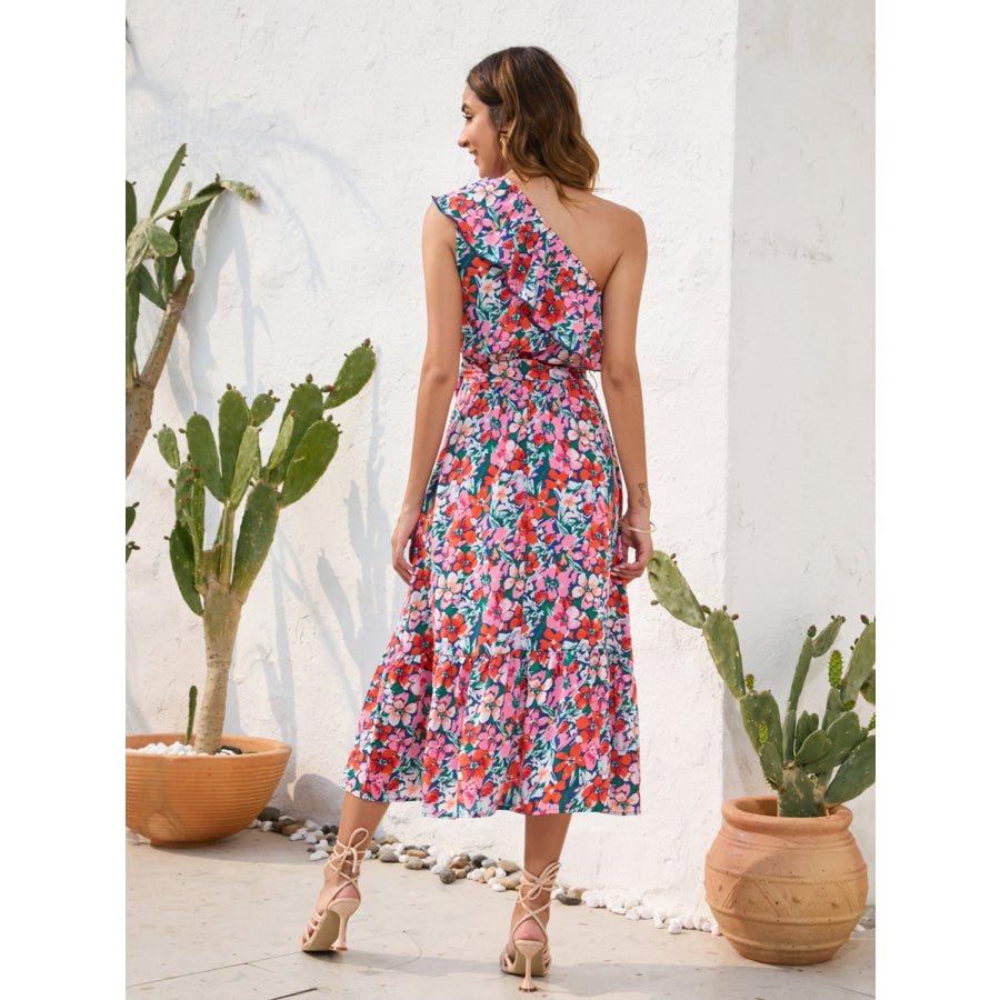 Ruffled Printed One Shoulder Midi Dress Apparel and Accessories