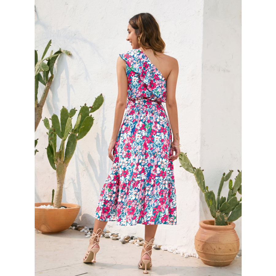 Ruffled Printed One Shoulder Midi Dress Apparel and Accessories