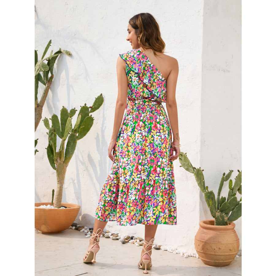 Ruffled Printed One Shoulder Midi Dress Apparel and Accessories