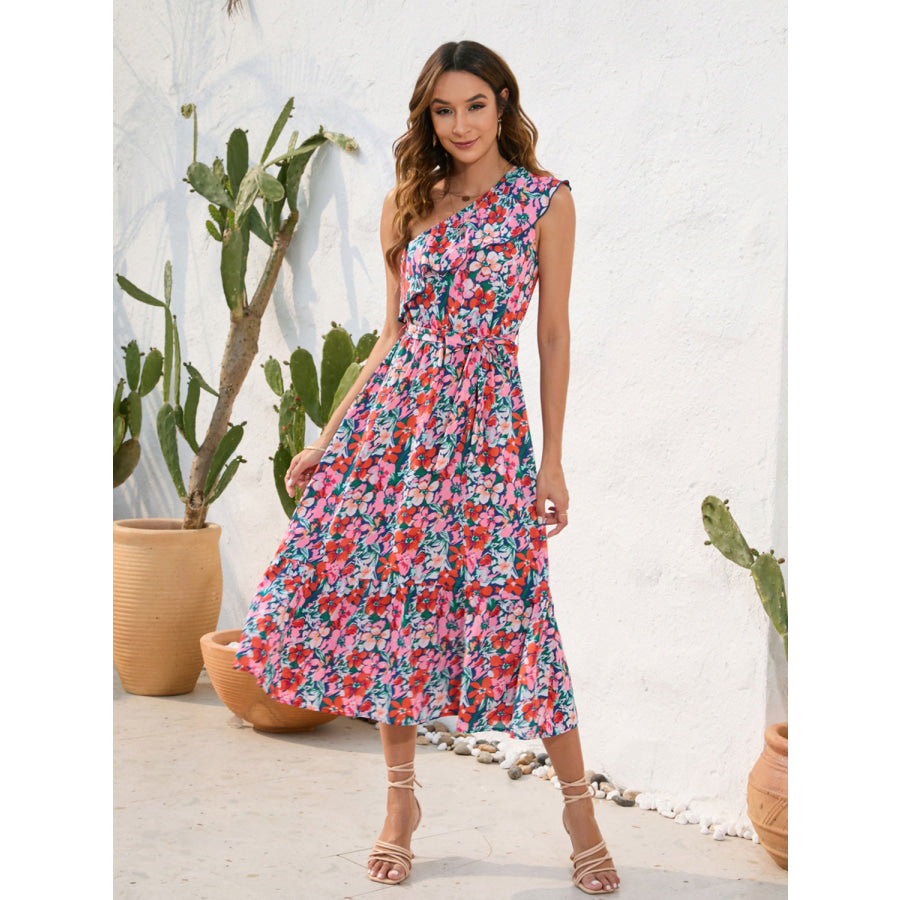 Ruffled Printed One Shoulder Midi Dress Apparel and Accessories