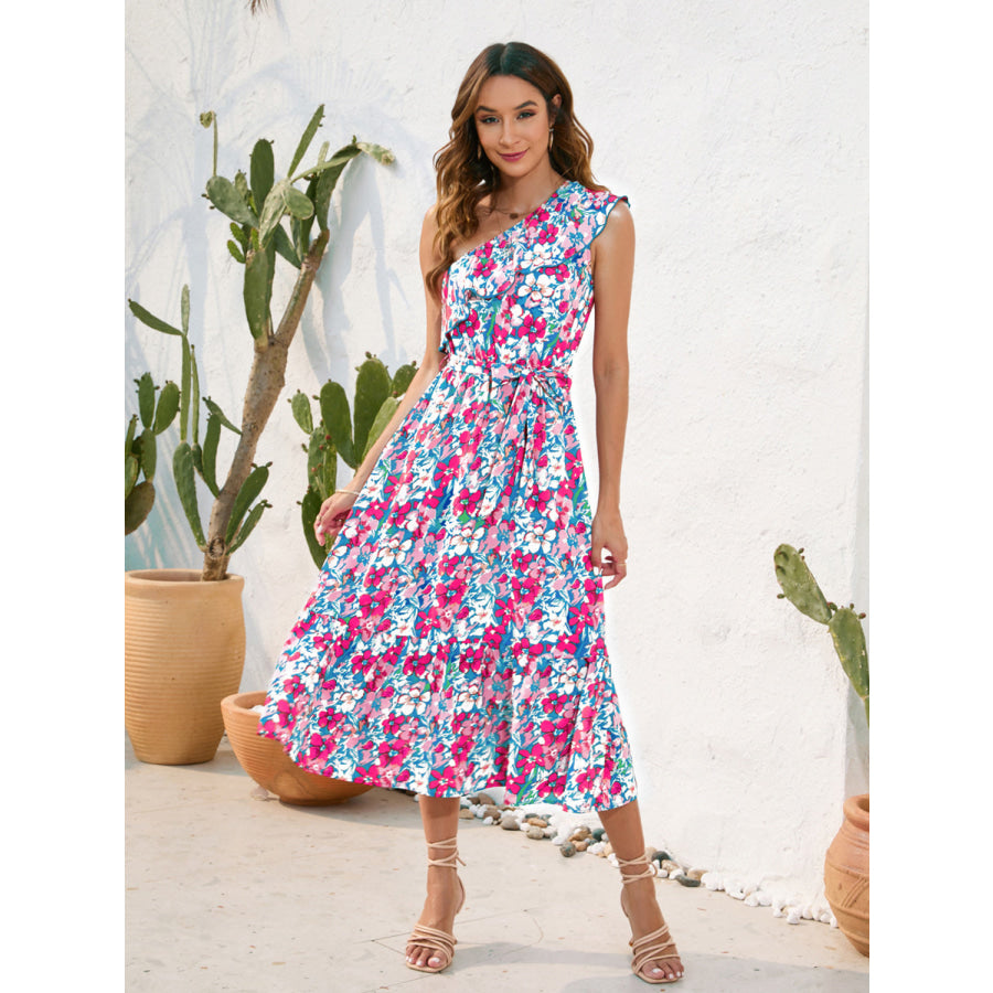 Ruffled Printed One Shoulder Midi Dress Sky Blue / S Apparel and Accessories