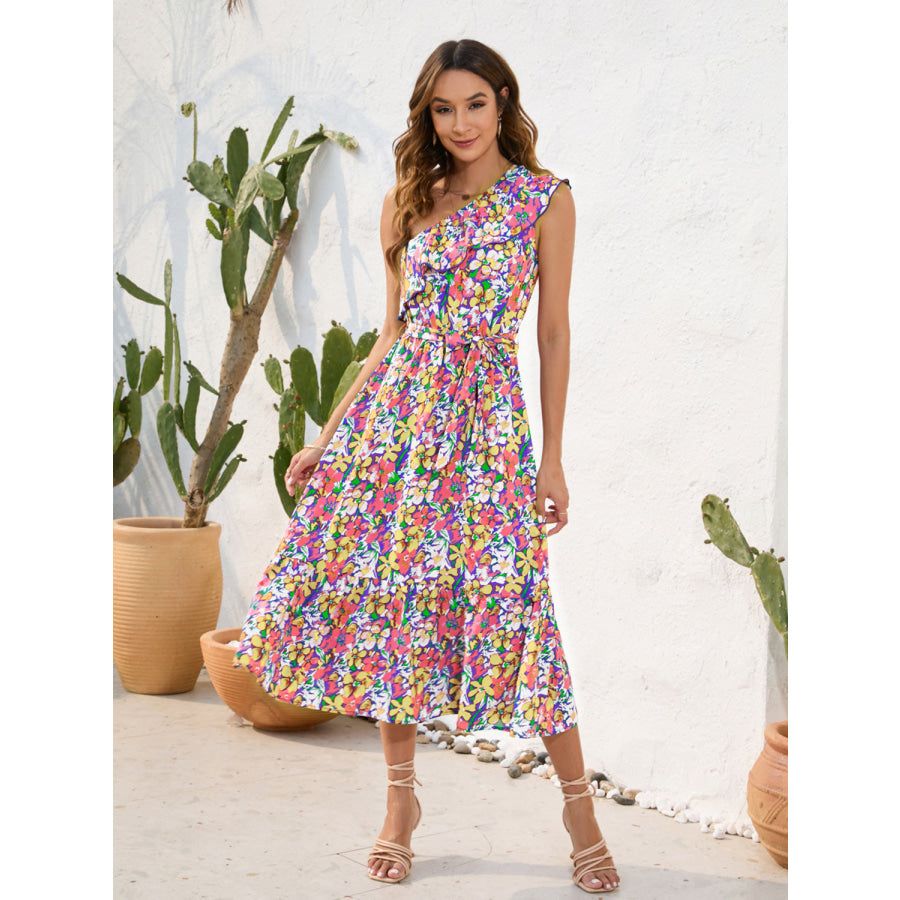 Ruffled Printed One Shoulder Midi Dress True Yellow / S Apparel and Accessories