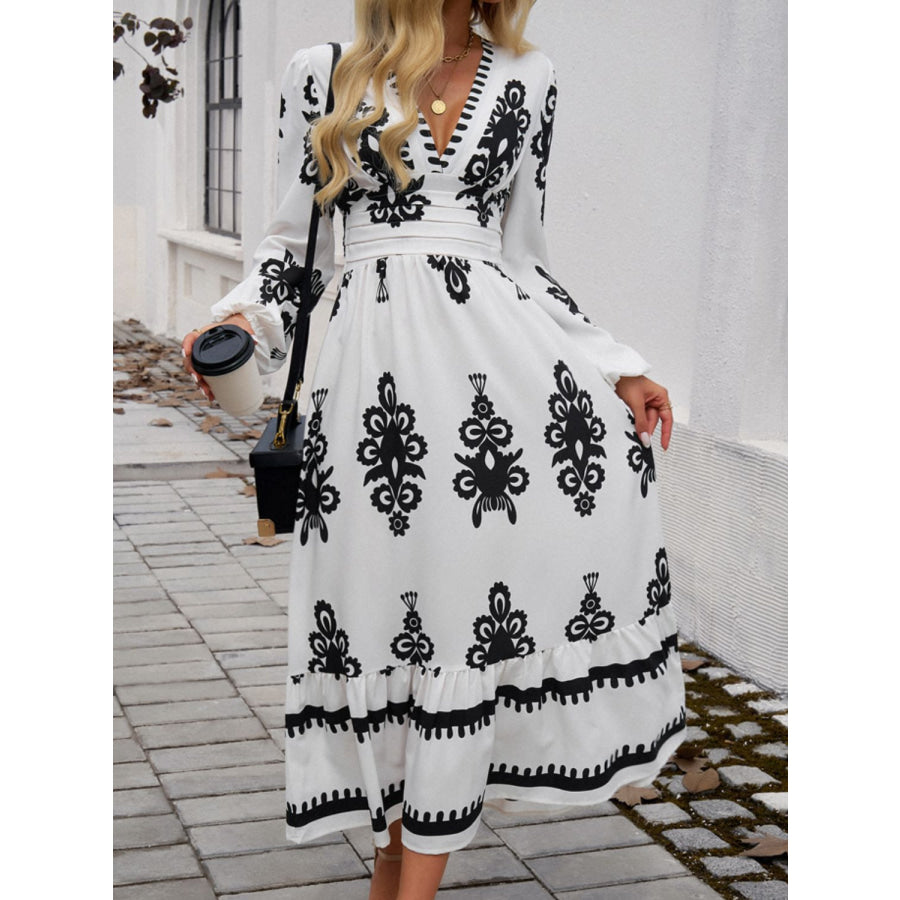 Ruffled Printed Plunge Long Sleeve Dress Apparel and Accessories