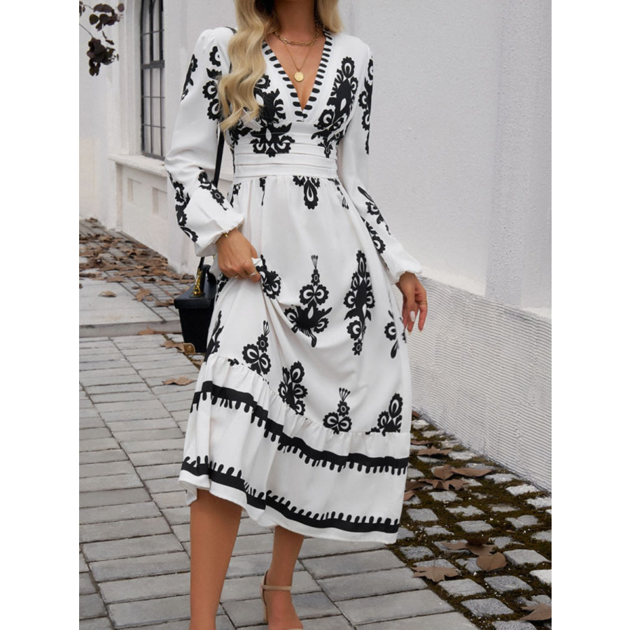 Ruffled Printed Plunge Long Sleeve Dress Apparel and Accessories