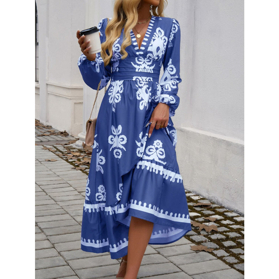 Ruffled Printed Plunge Long Sleeve Dress Apparel and Accessories