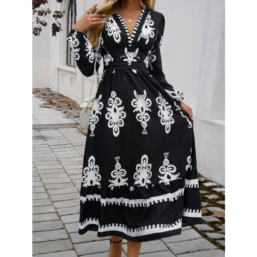 Ruffled Printed Plunge Long Sleeve Dress Apparel and Accessories