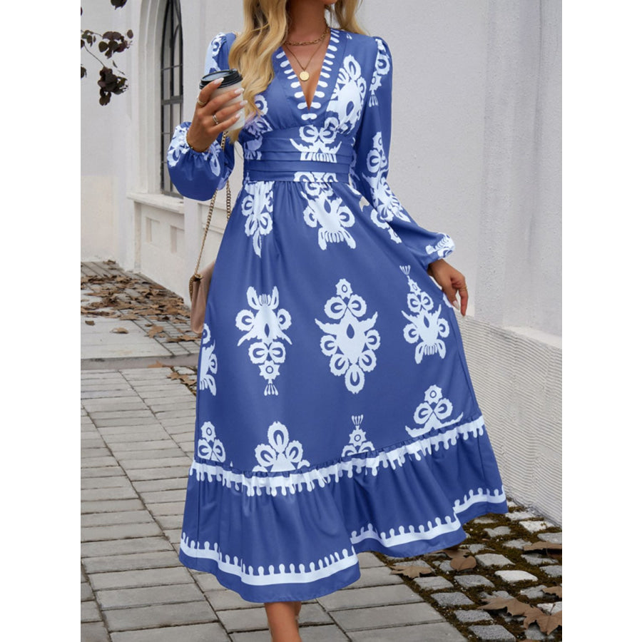 Ruffled Printed Plunge Long Sleeve Dress Apparel and Accessories