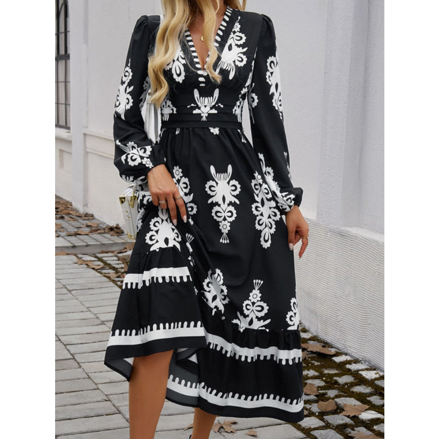 Ruffled Printed Plunge Long Sleeve Dress Apparel and Accessories