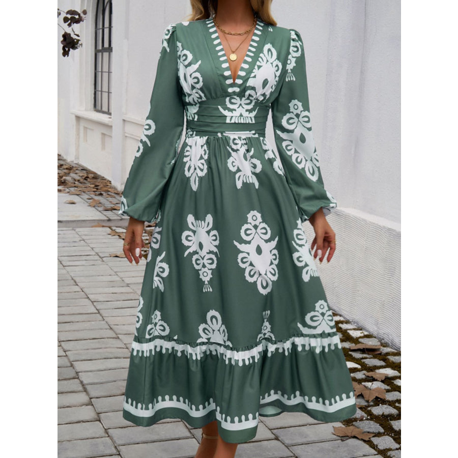 Ruffled Printed Plunge Long Sleeve Dress Apparel and Accessories