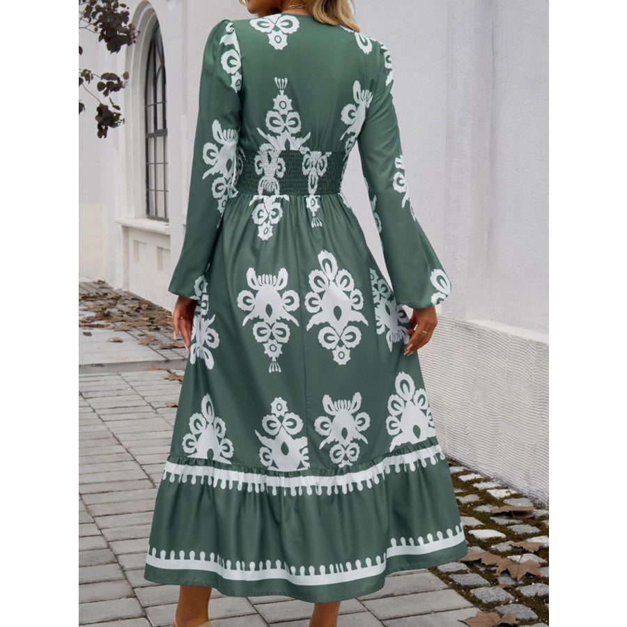 Ruffled Printed Plunge Long Sleeve Dress Apparel and Accessories