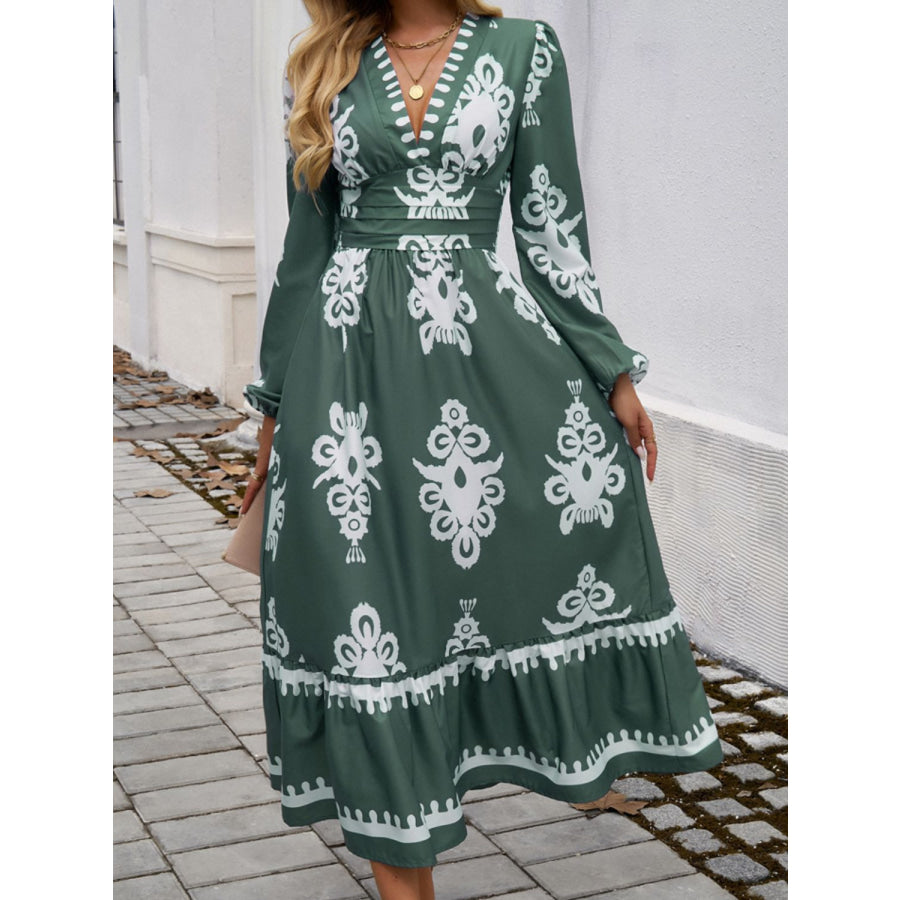 Ruffled Printed Plunge Long Sleeve Dress Army Green / S Apparel and Accessories