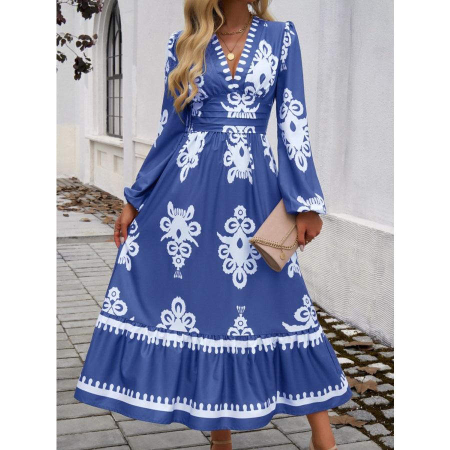 Ruffled Printed Plunge Long Sleeve Dress Dusty Blue / S Apparel and Accessories