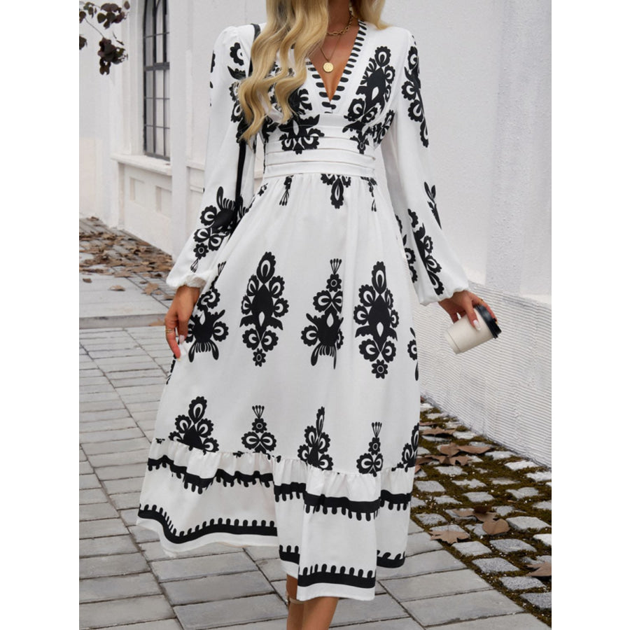 Ruffled Printed Plunge Long Sleeve Dress White / S Apparel and Accessories