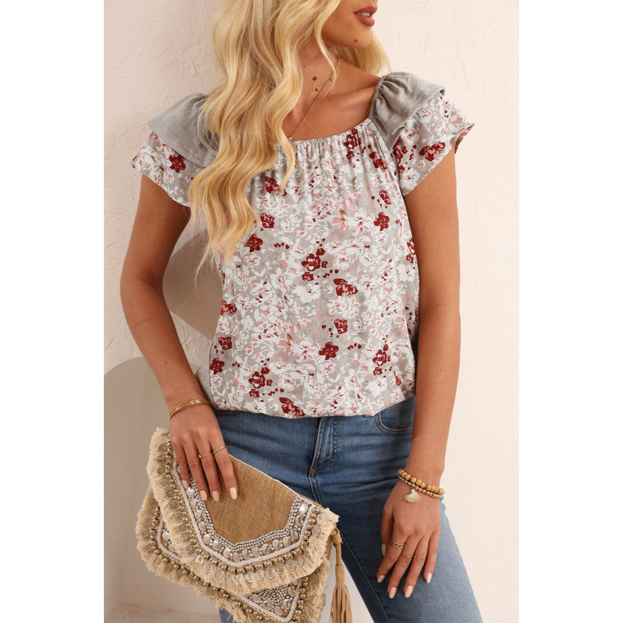 Ruffled Printed Round Neck Blouse Light Gray / S Apparel and Accessories