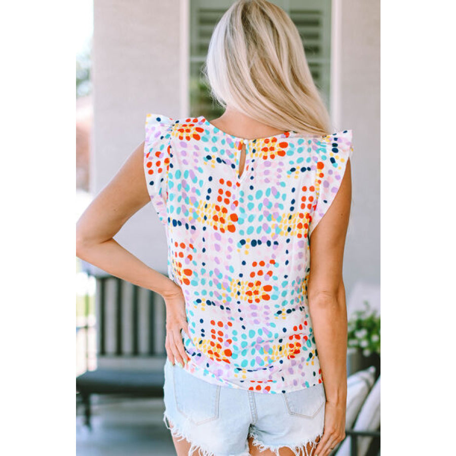 Ruffled Printed Round Neck Blouse Multicolor / S Apparel and Accessories