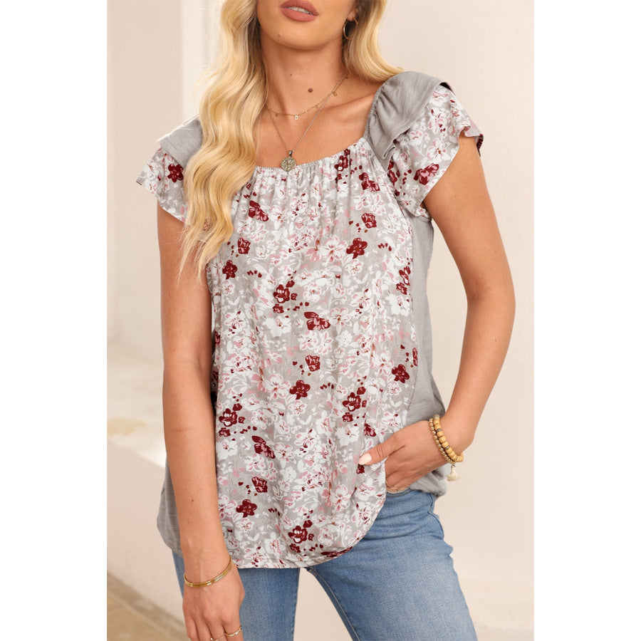 Ruffled Printed Round Neck Blouse Light Gray / S Apparel and Accessories