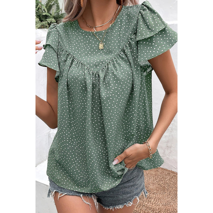 Ruffled Printed Round Neck Cap Sleeve Blouse Apparel and Accessories