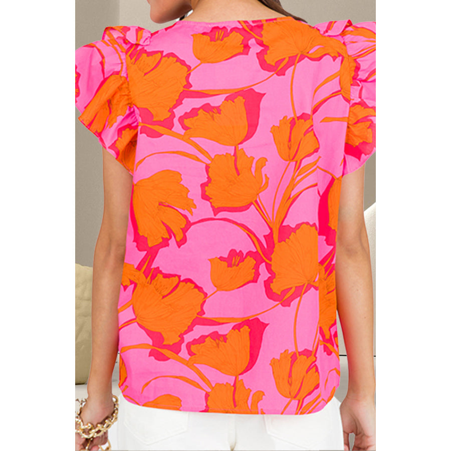 Ruffled Printed Round Neck Cap Sleeve Blouse Apparel and Accessories