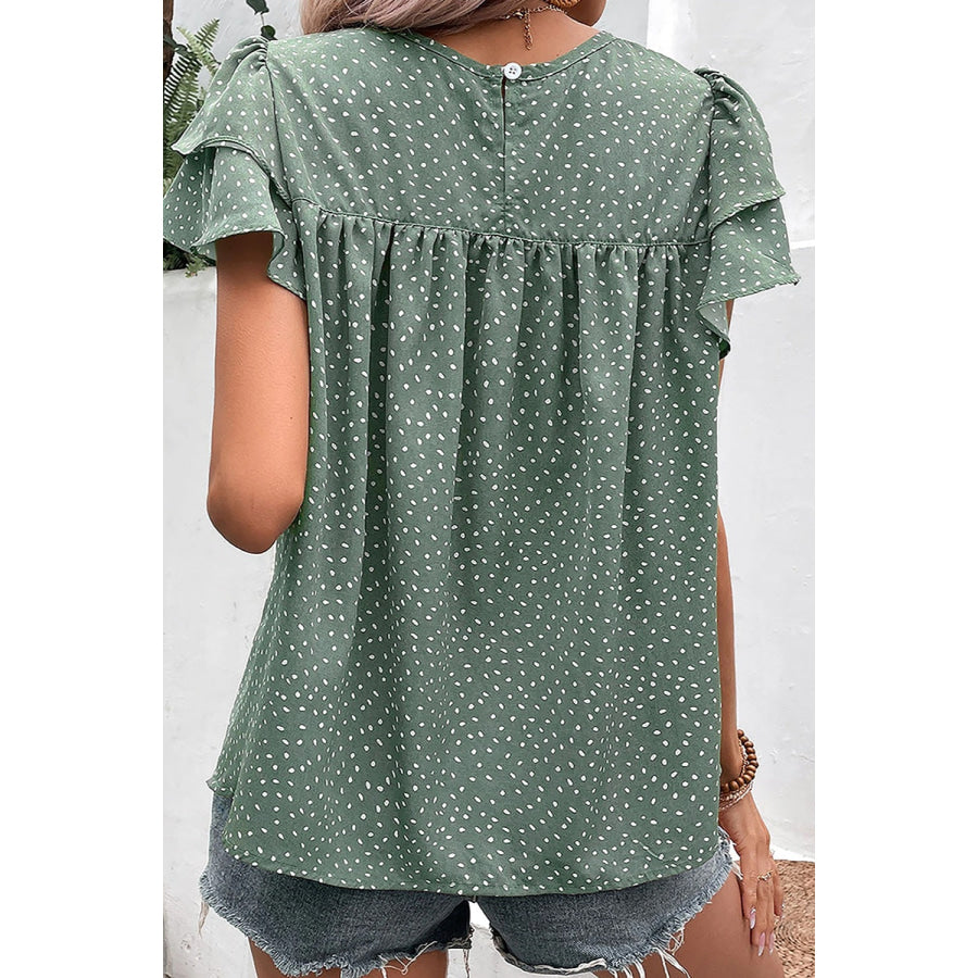 Ruffled Printed Round Neck Cap Sleeve Blouse Apparel and Accessories