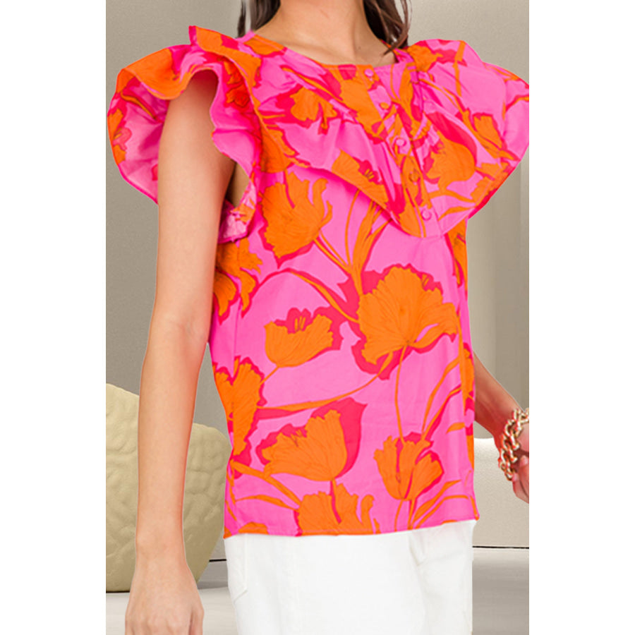 Ruffled Printed Round Neck Cap Sleeve Blouse Apparel and Accessories