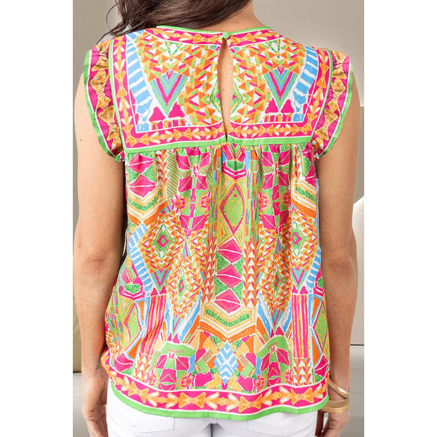 Ruffled Printed Round Neck Cap Sleeve Blouse Apparel and Accessories