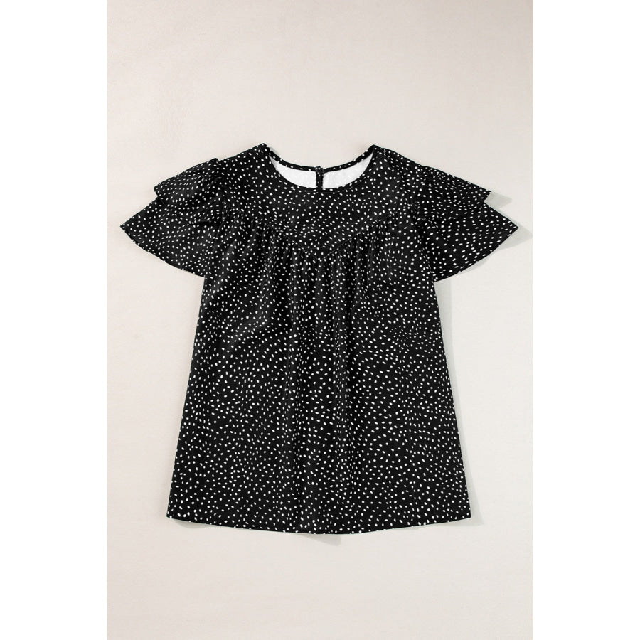 Ruffled Printed Round Neck Cap Sleeve Blouse Black / XL Apparel and Accessories