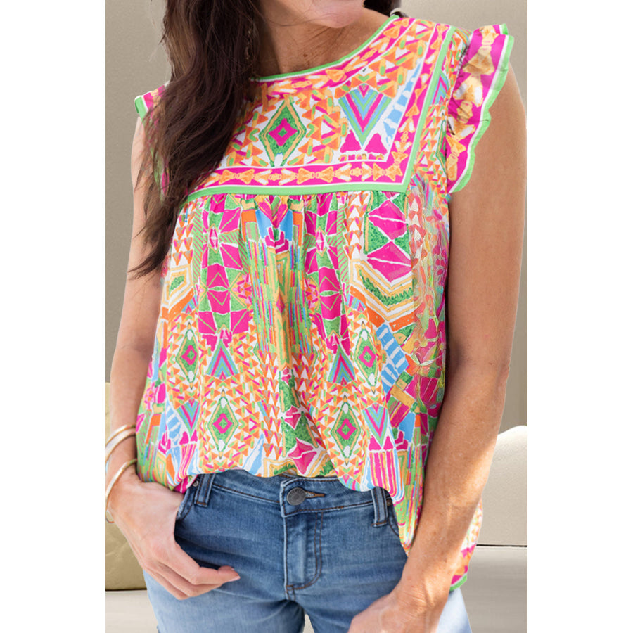 Ruffled Printed Round Neck Cap Sleeve Blouse Fuchsia Pink / S Apparel and Accessories