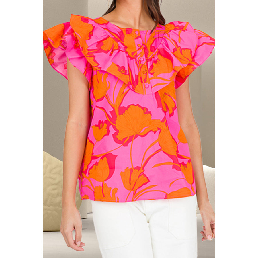 Ruffled Printed Round Neck Cap Sleeve Blouse Fuchsia Pink / S Apparel and Accessories