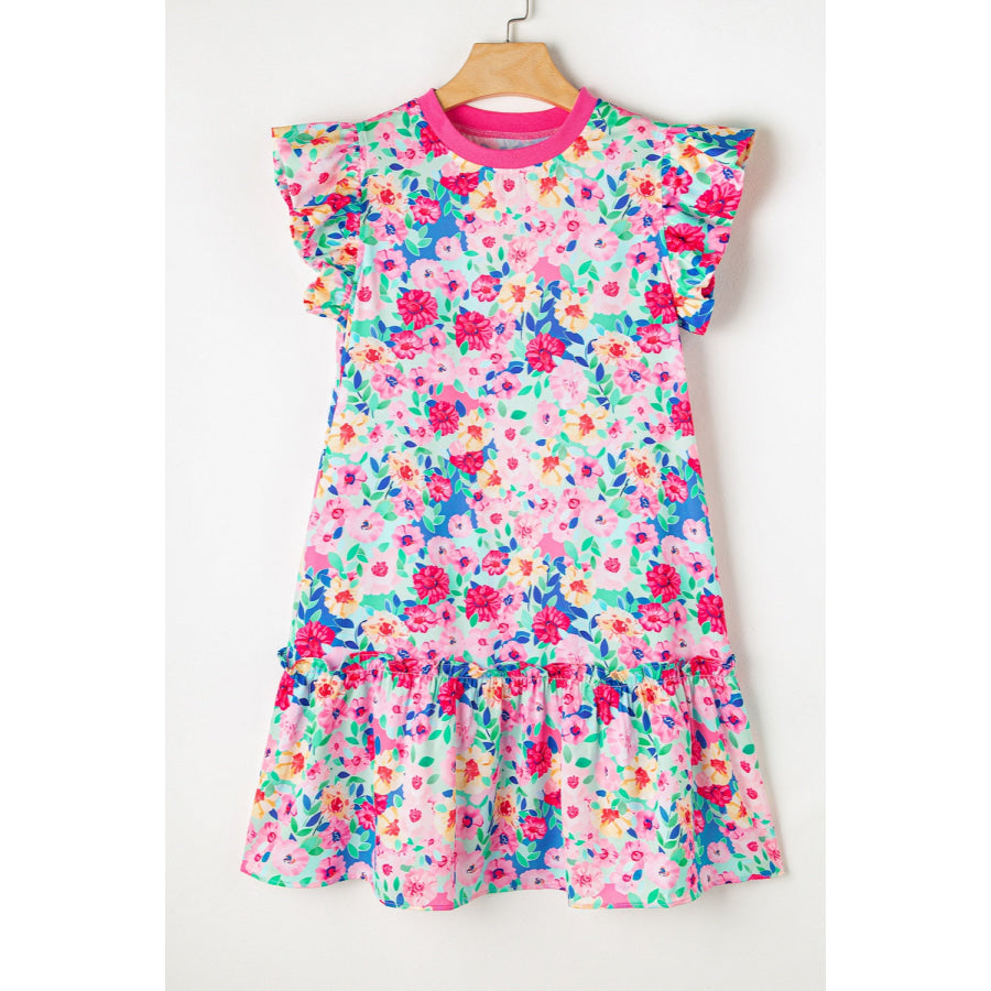 Ruffled Printed Round Neck Cap Sleeve Mini Dress Floral / S Apparel and Accessories