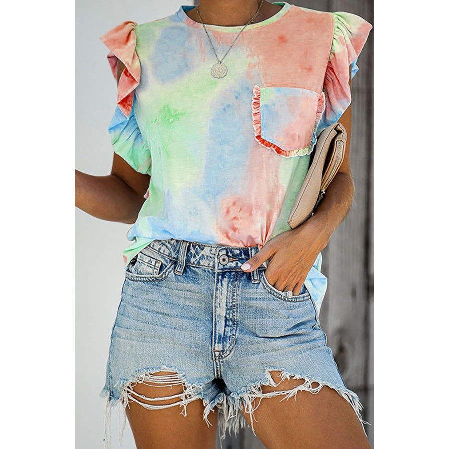 Ruffled Printed Round Neck Cap Sleeve T-Shirt Apparel and Accessories