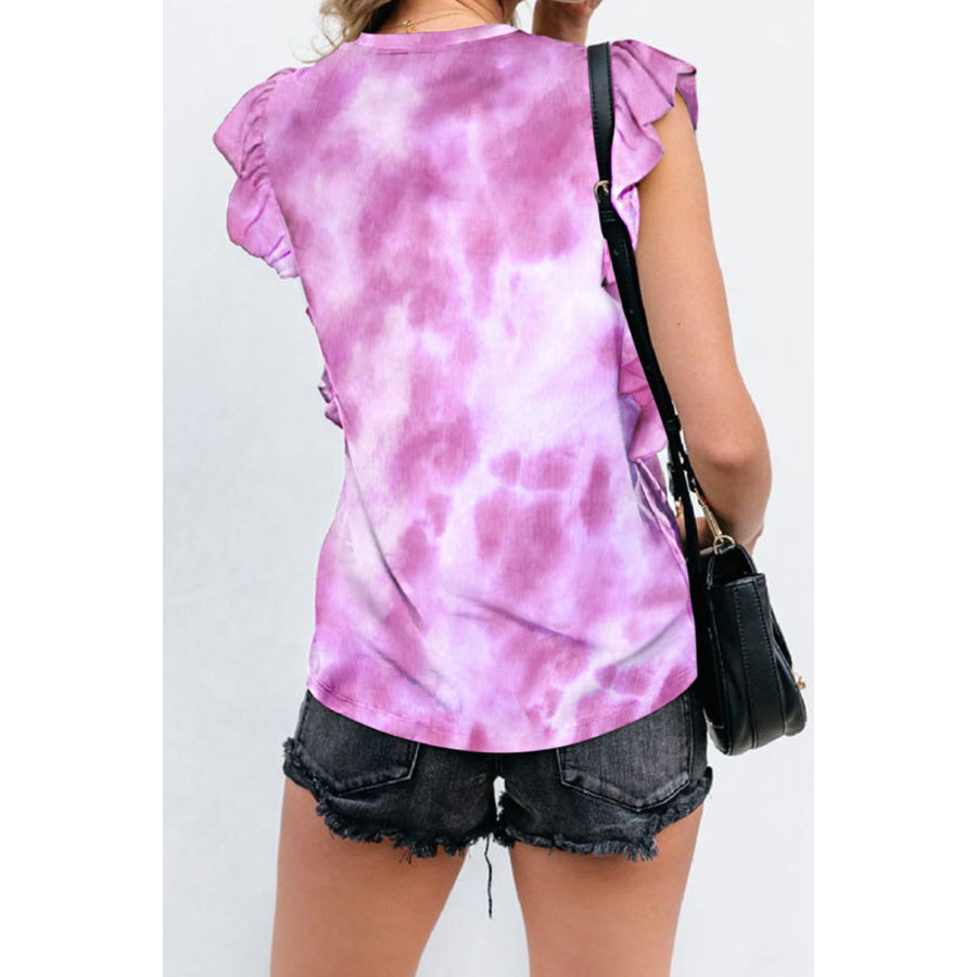 Ruffled Printed Round Neck Cap Sleeve T-Shirt Apparel and Accessories