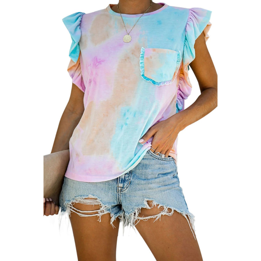 Ruffled Printed Round Neck Cap Sleeve T-Shirt Apparel and Accessories