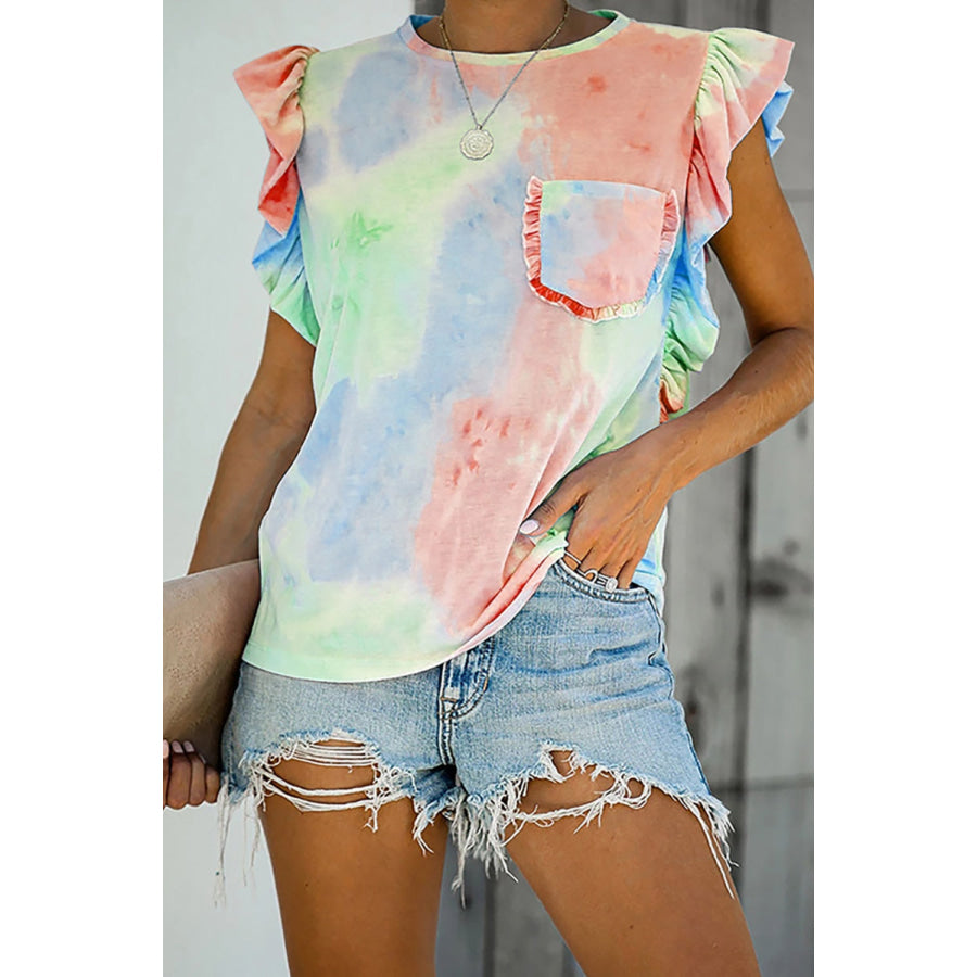 Ruffled Printed Round Neck Cap Sleeve T-Shirt Watermelon pink / S Apparel and Accessories