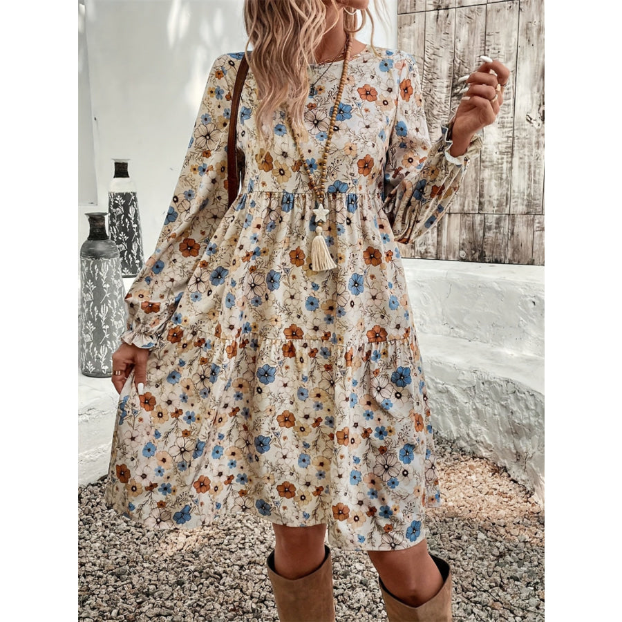 Ruffled Printed Round Neck Long Sleeve Dress Apparel and Accessories