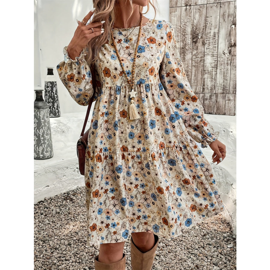 Ruffled Printed Round Neck Long Sleeve Dress Apparel and Accessories