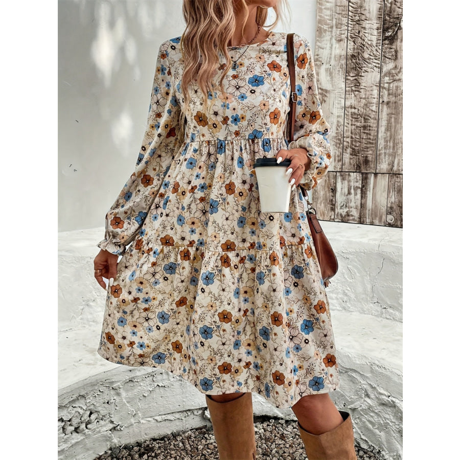 Ruffled Printed Round Neck Long Sleeve Dress Apparel and Accessories