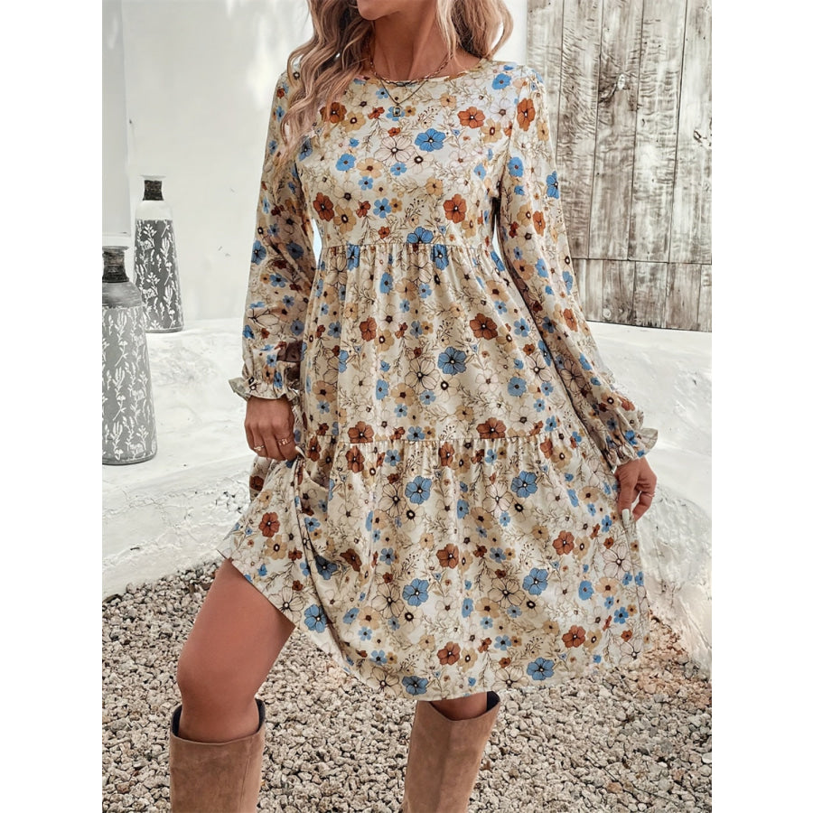 Ruffled Printed Round Neck Long Sleeve Dress Khaki / S Apparel and Accessories