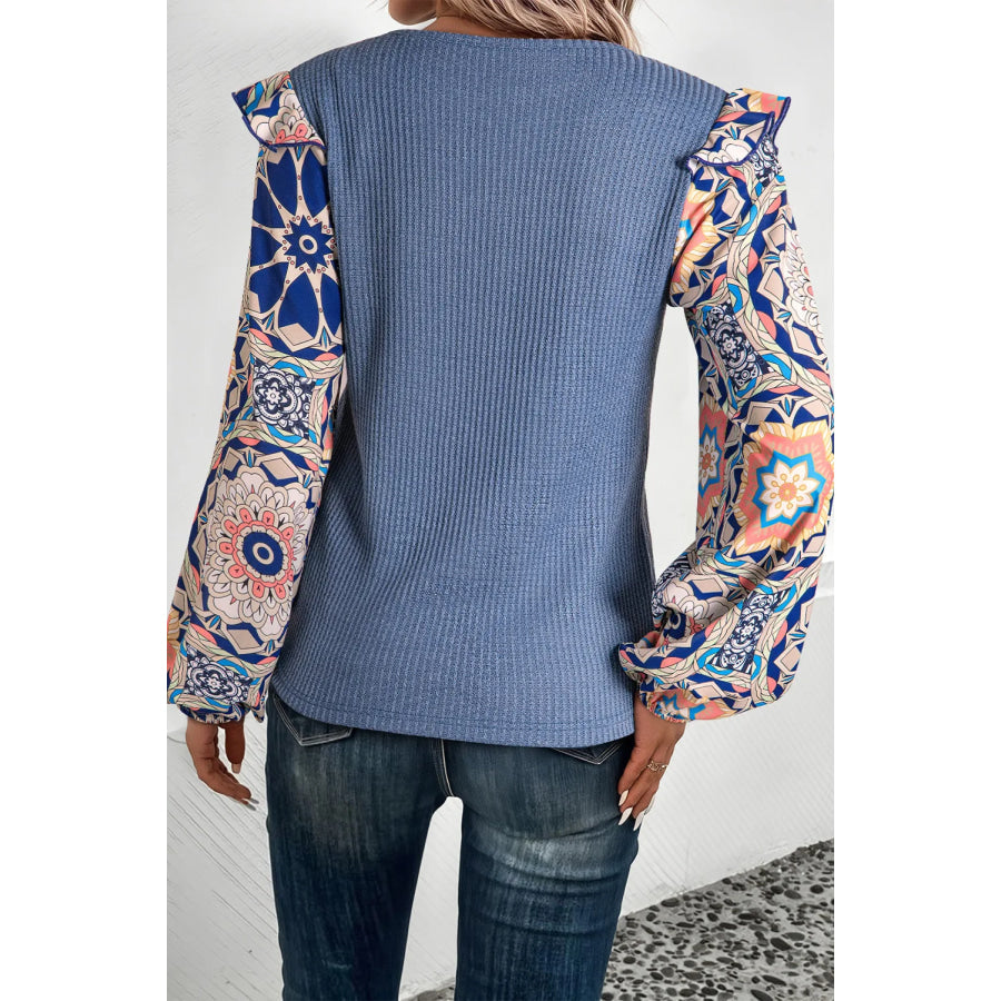 Ruffled Printed Round Neck Long Sleeve Top Apparel and Accessories