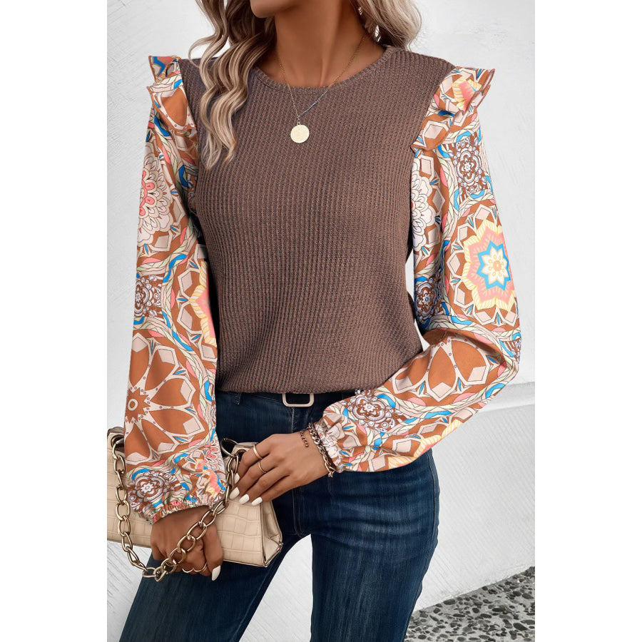 Ruffled Printed Round Neck Long Sleeve Top Brown / M Apparel and Accessories