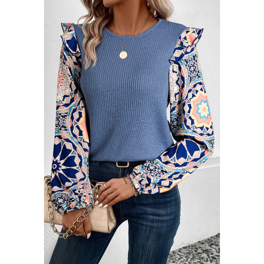 Ruffled Printed Round Neck Long Sleeve Top Dusty Blue / S Apparel and Accessories