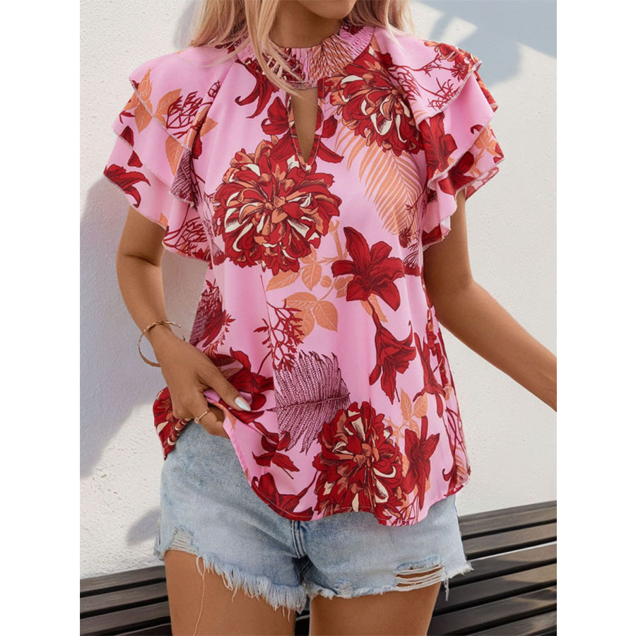 Ruffled Printed Round Neck Short Sleeve Blouse Apparel and Accessories